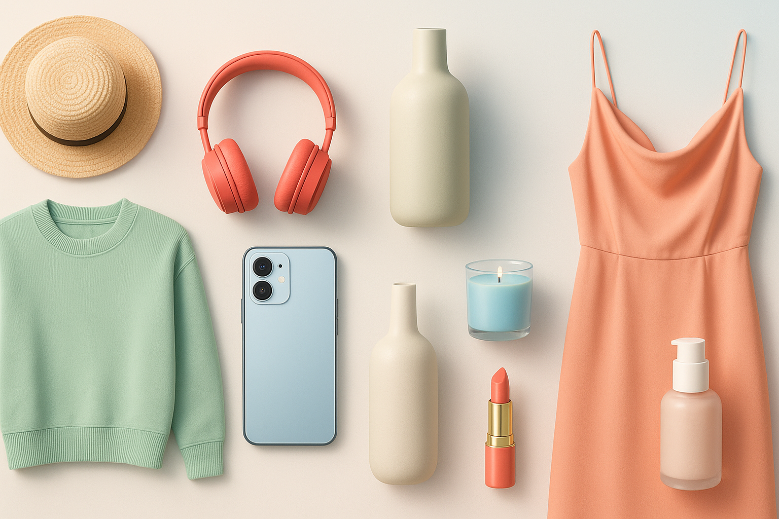 "A modern, minimal digital banner for an online store. A creative collage of fashion, portable gadgets, home décor, and beauty products arranged in a clean, stylish layout. Bright and fresh colors, soft shadows, smooth gradients. 